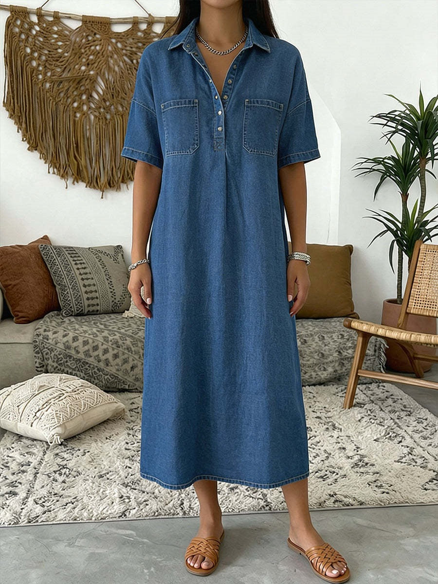 Womens Casual V-Neck Denim Dress