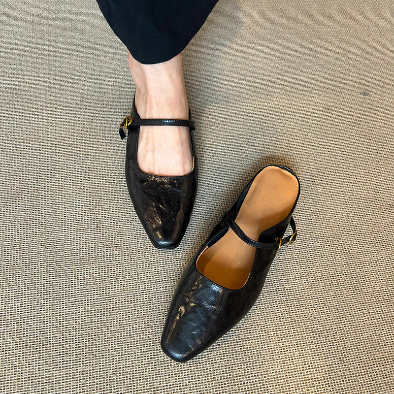 French Genuine Leather Flat Sandals