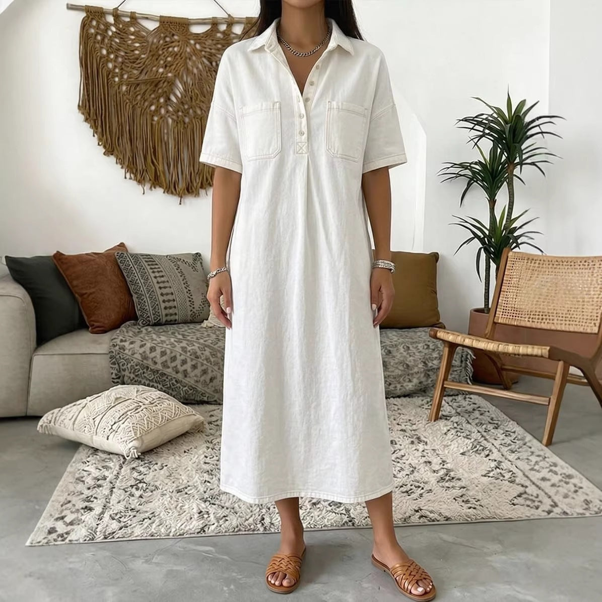 Womens Casual V-Neck Denim Dress