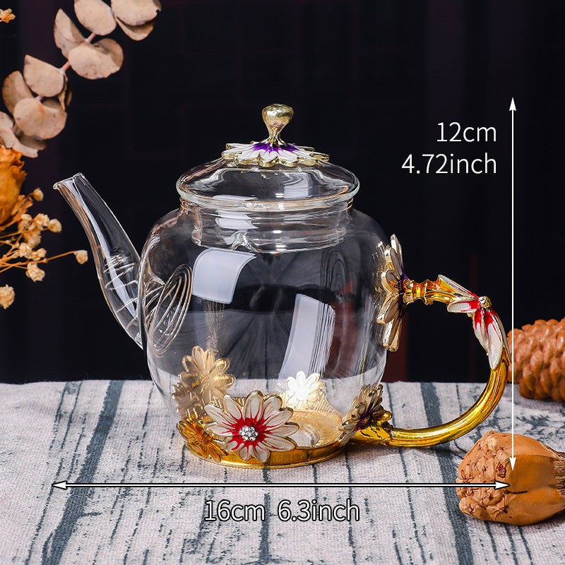 Exquisite Enamel Teapot, Crystal Glass Tea Cup