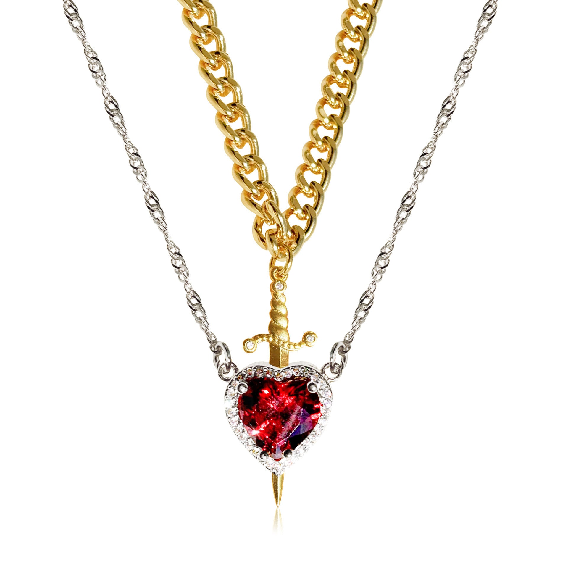 One Arrow Through Heart Ruby Zircon Necklace