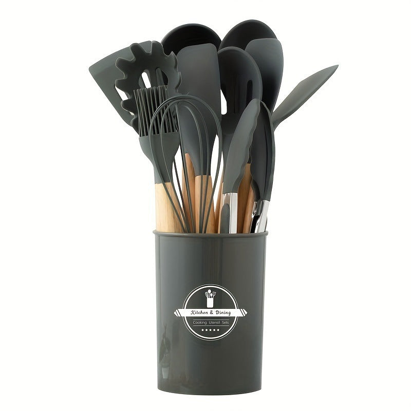 Wooden-handle silicone kitchen utensils