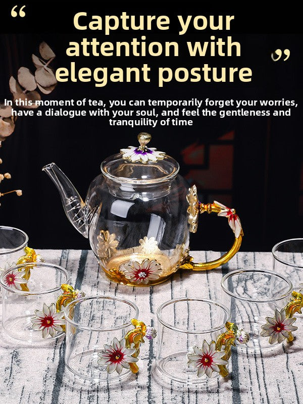 Exquisite Enamel Teapot, Crystal Glass Tea Cup