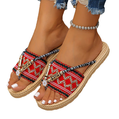 New Summer Fashion Fairy-Style Wedge Flip-Flops for Women, Straw Flower Thick-Soled Casual Pastoral Vacation Beach Shoes