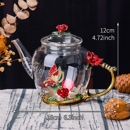 Exquisite Enamel Teapot, Crystal Glass Tea Cup