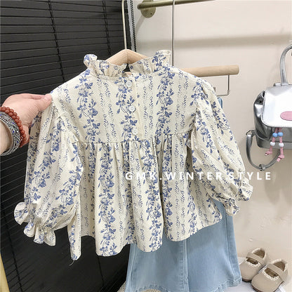 Girls Floral Shirt and Denim Flared Pants Set