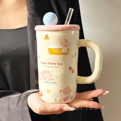 Cartoon Ceramic Straw Mug with Lid and Spoon