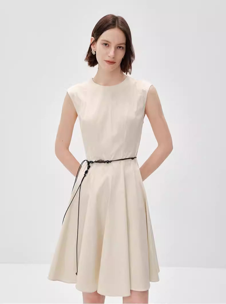 French Style Waist Cinching Round Neck Dress