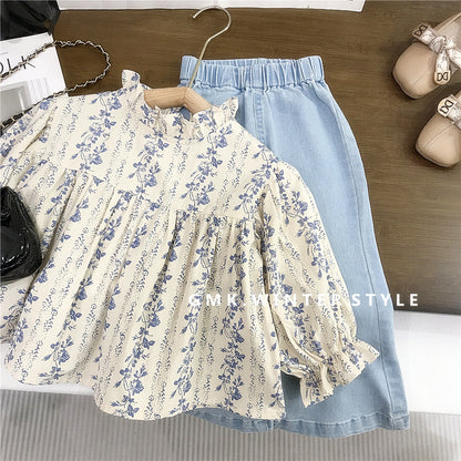Girls Floral Shirt and Denim Flared Pants Set