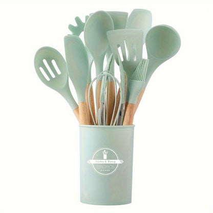 Wooden-handle silicone kitchen utensils
