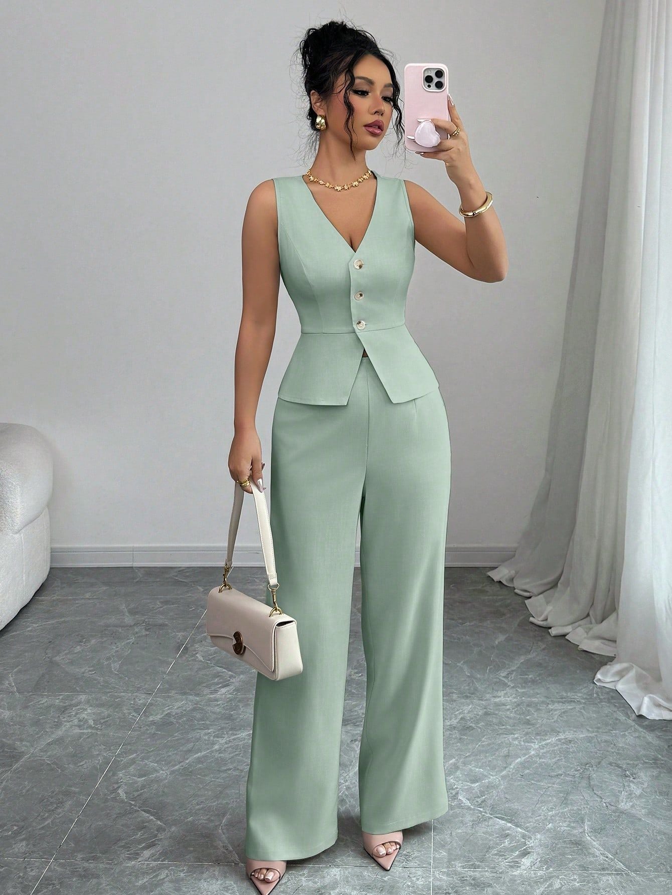 Women's Sleeveless Vest and High-Waisted Pants Set