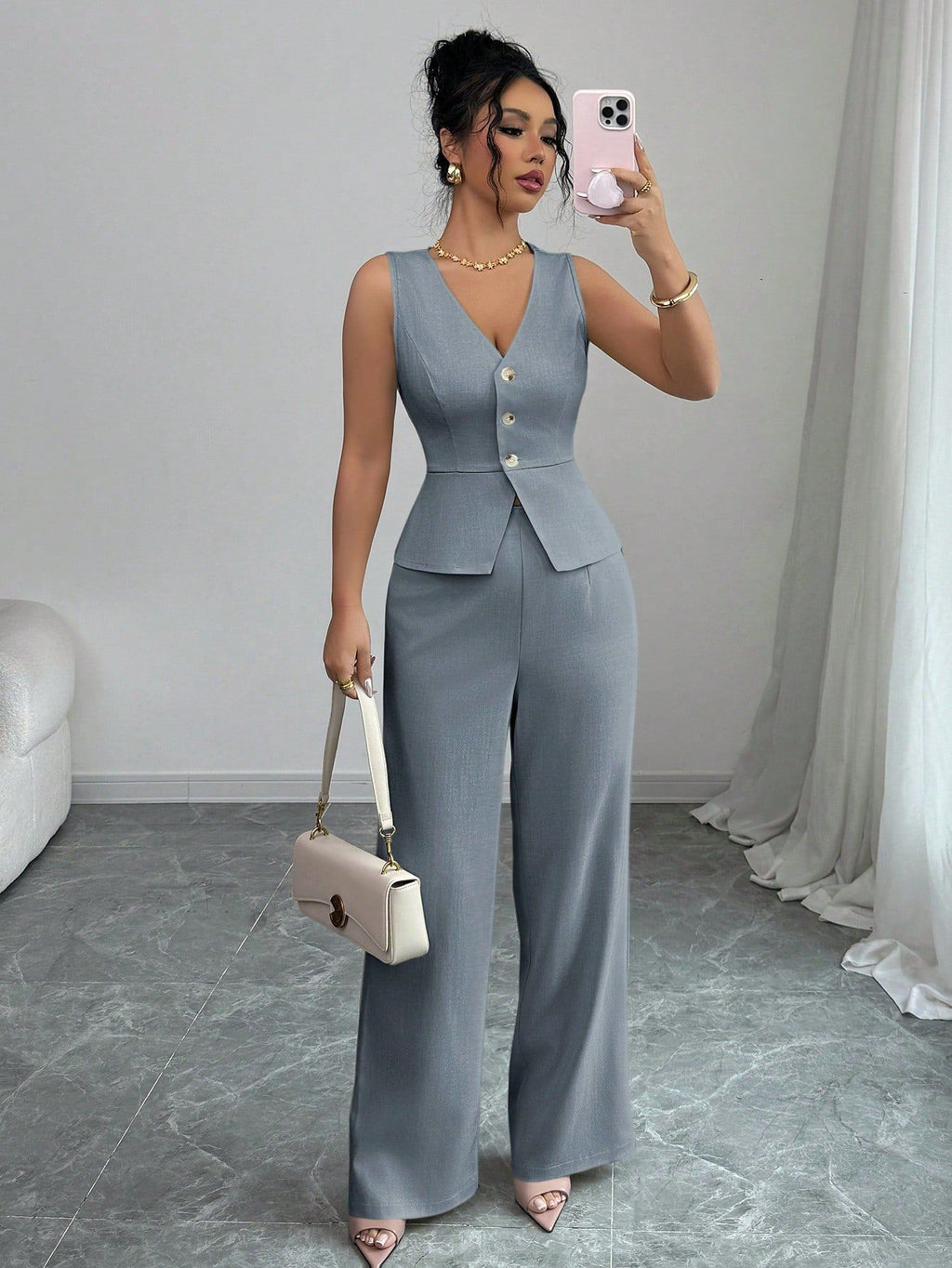 Women's Sleeveless Vest and High-Waisted Pants Set