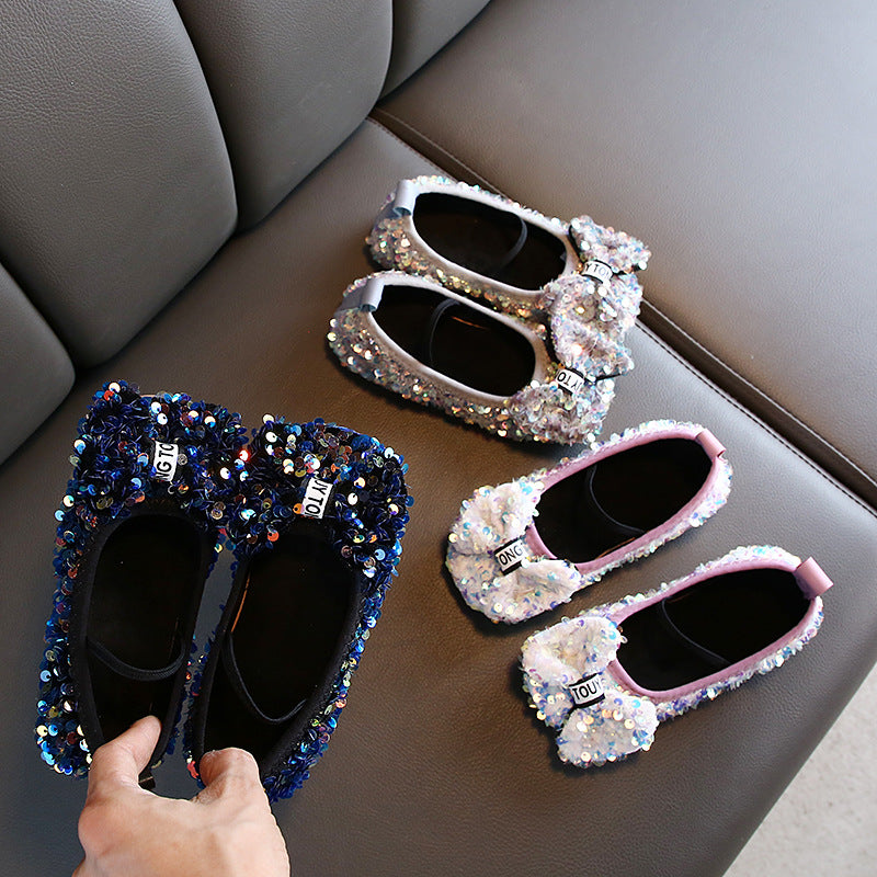 Girls Bow Sequins Soft Sole Leather Shoes