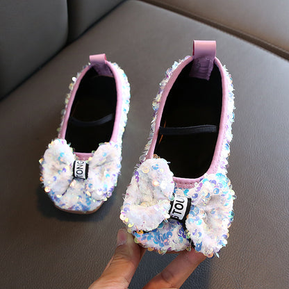 Girls Bow Sequins Soft Sole Leather Shoes