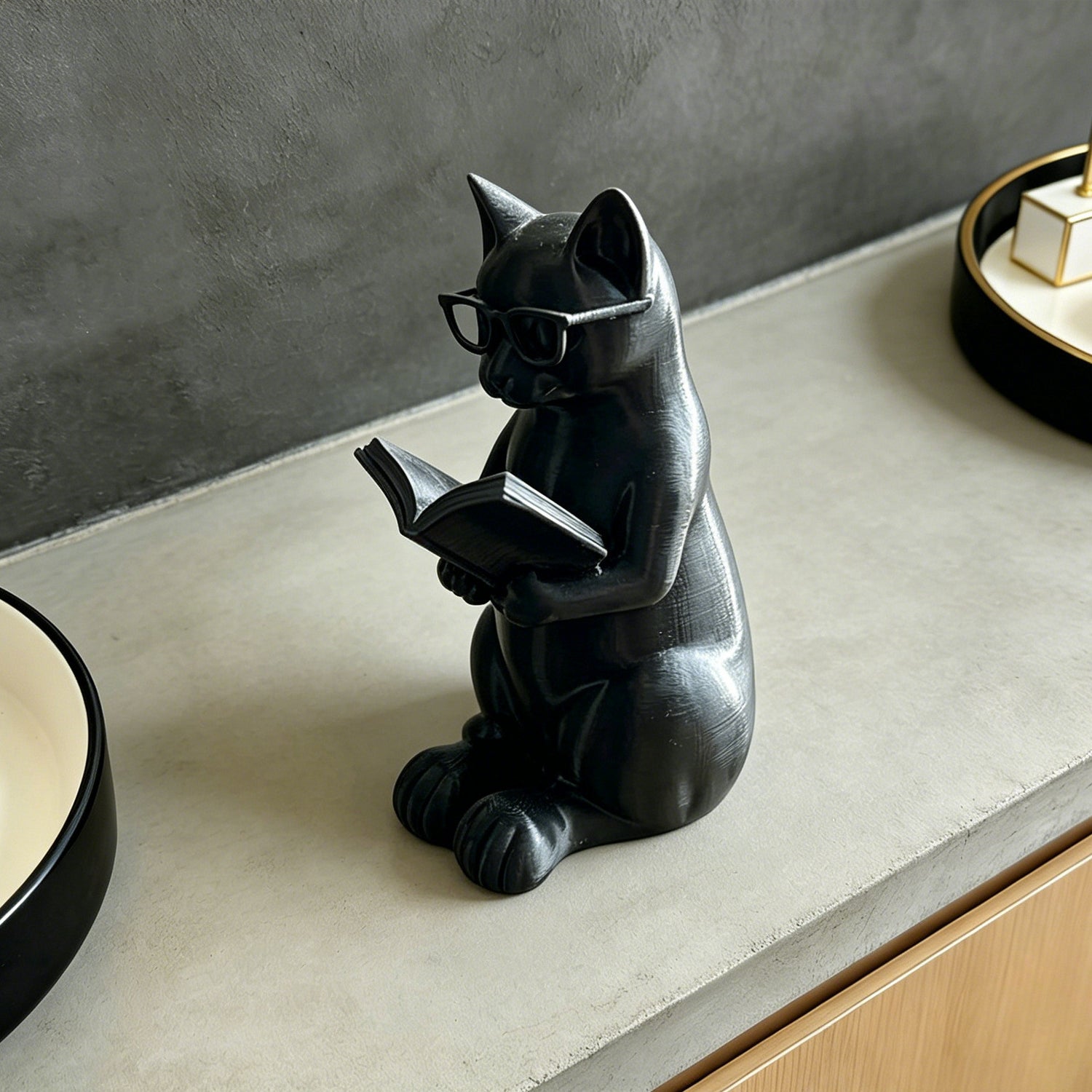 3D Printed Cat Reading Sculpture Desktop Decoration