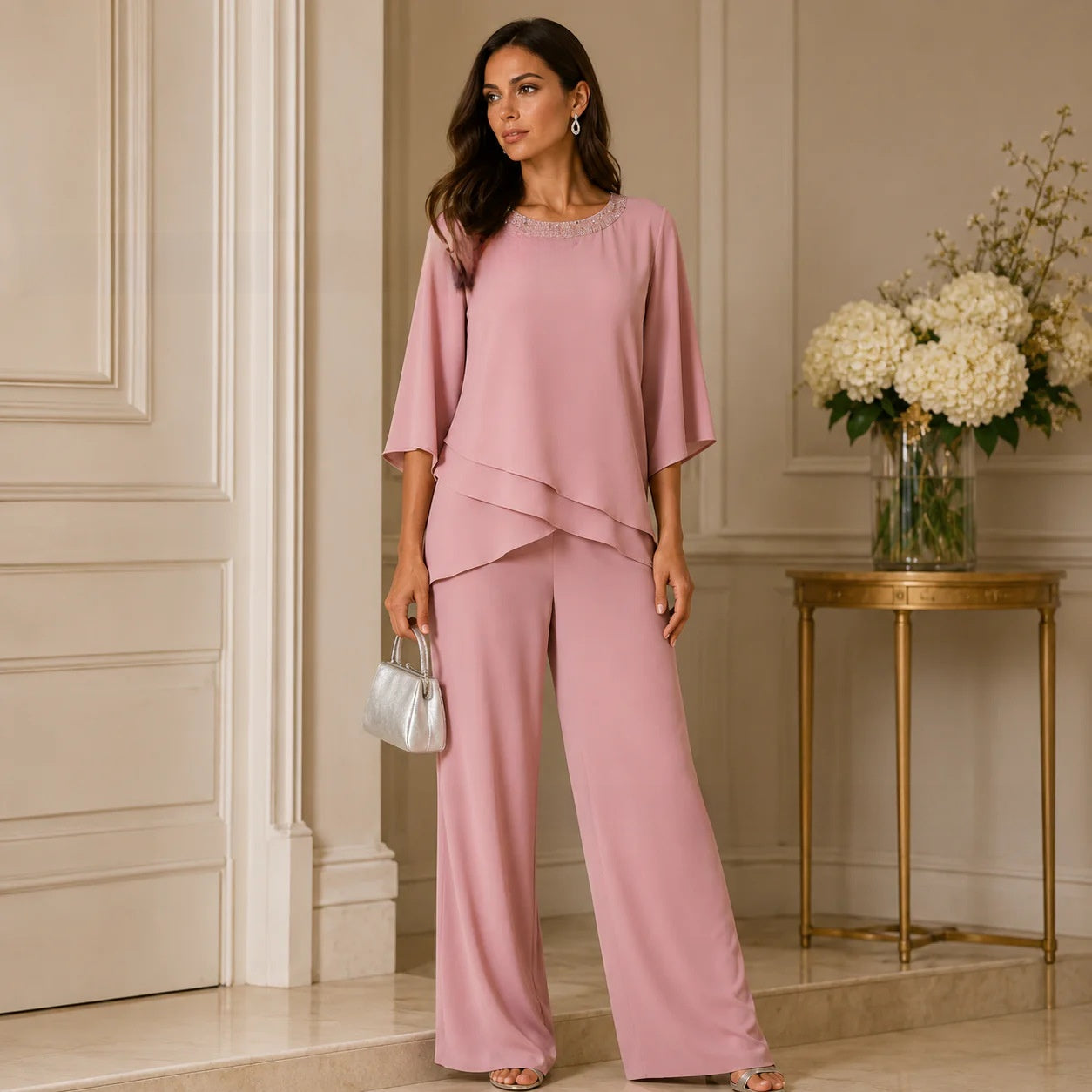 Women Solid Color Chiffon Evening Dress Set