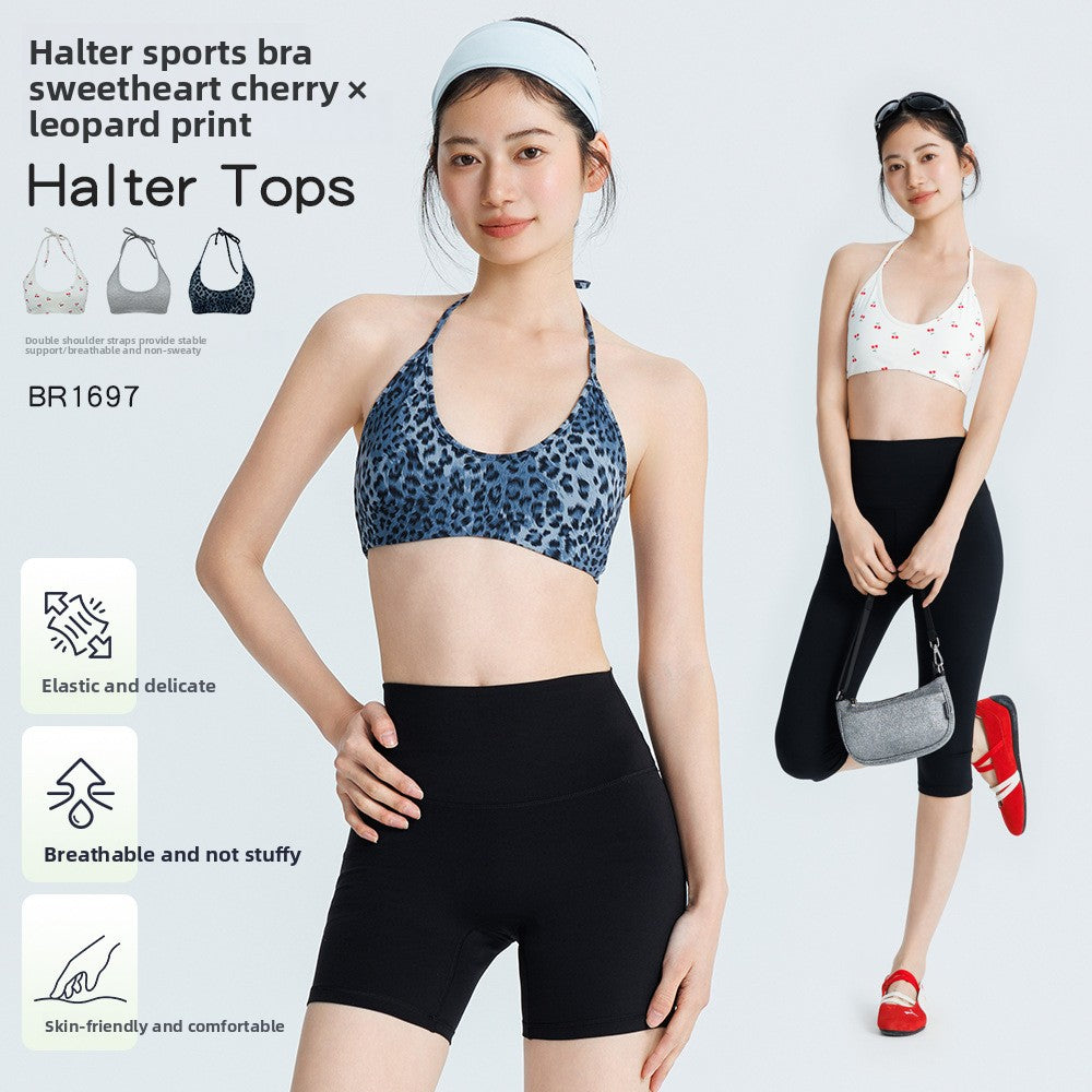 Womens Yoga Sports Bra with Fixed Cups Halter Neck High Elasticity Breathable
