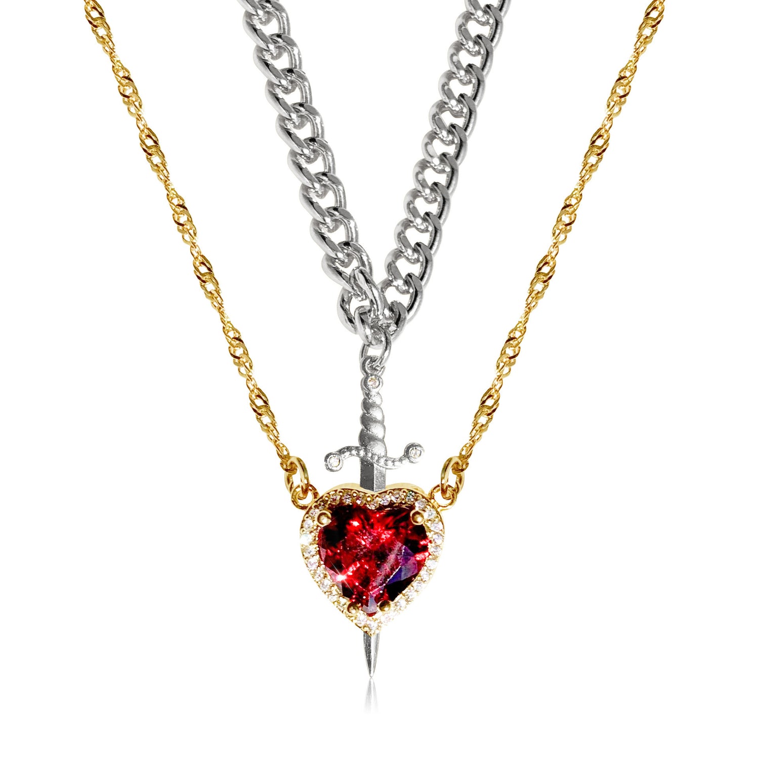 One Arrow Through Heart Ruby Zircon Necklace