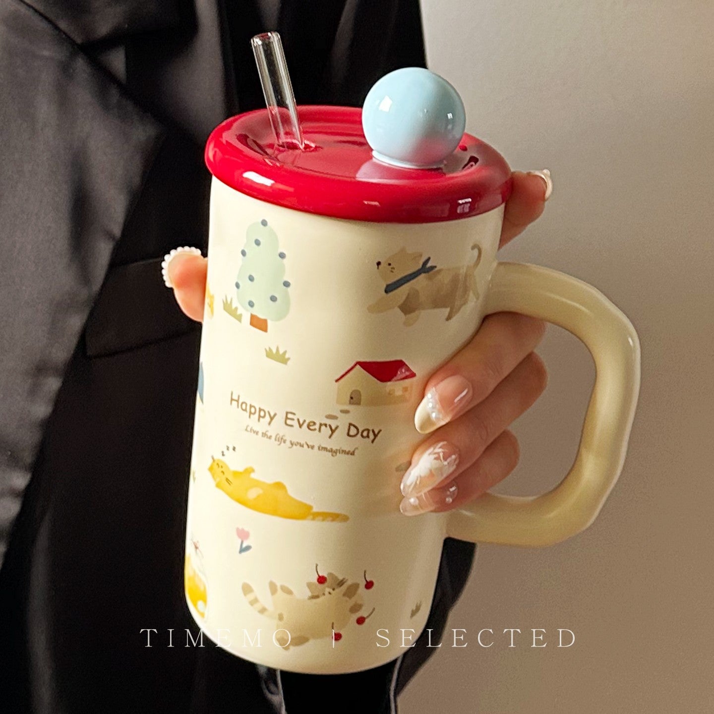Cartoon Ceramic Straw Mug with Lid and Spoon