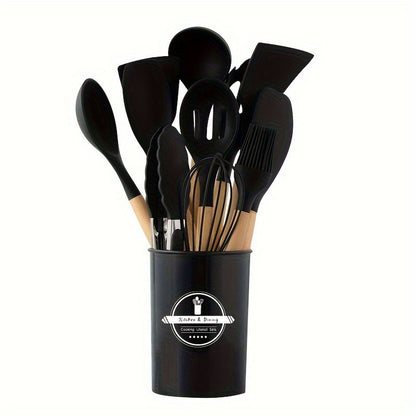Wooden-handle silicone kitchen utensils
