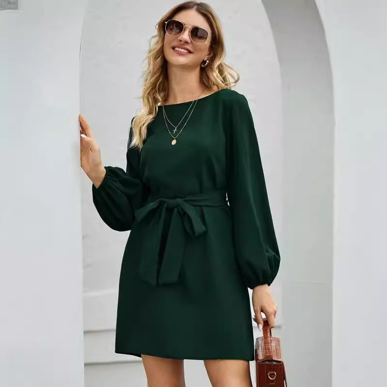 Womens Solid Color Knitted Mid-Length Dress
