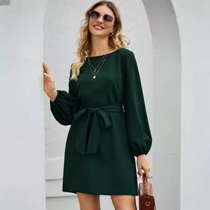 Womens Solid Color Knitted Mid-Length Dress