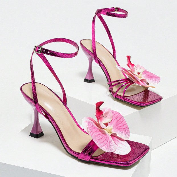 Womens Square Toe Floral Ankle Strap Sandals