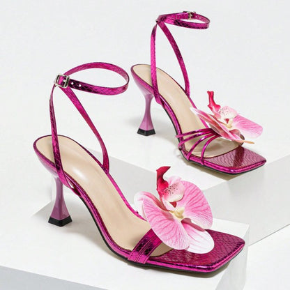 Womens Square Toe Floral Ankle Strap Sandals