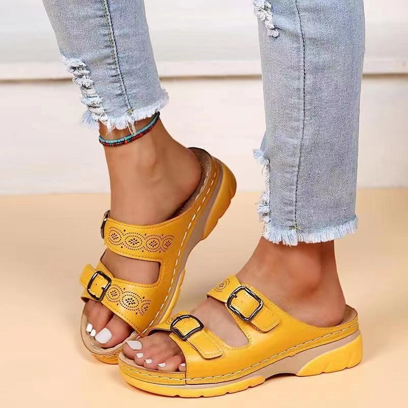 Womens Platform Thick Sole Slippers with Belt Buckle Round Toe