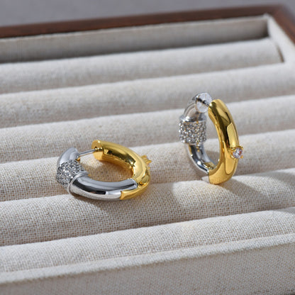 Inlaid with Zircon, Gold and Silver Two-Tone Ear Clips