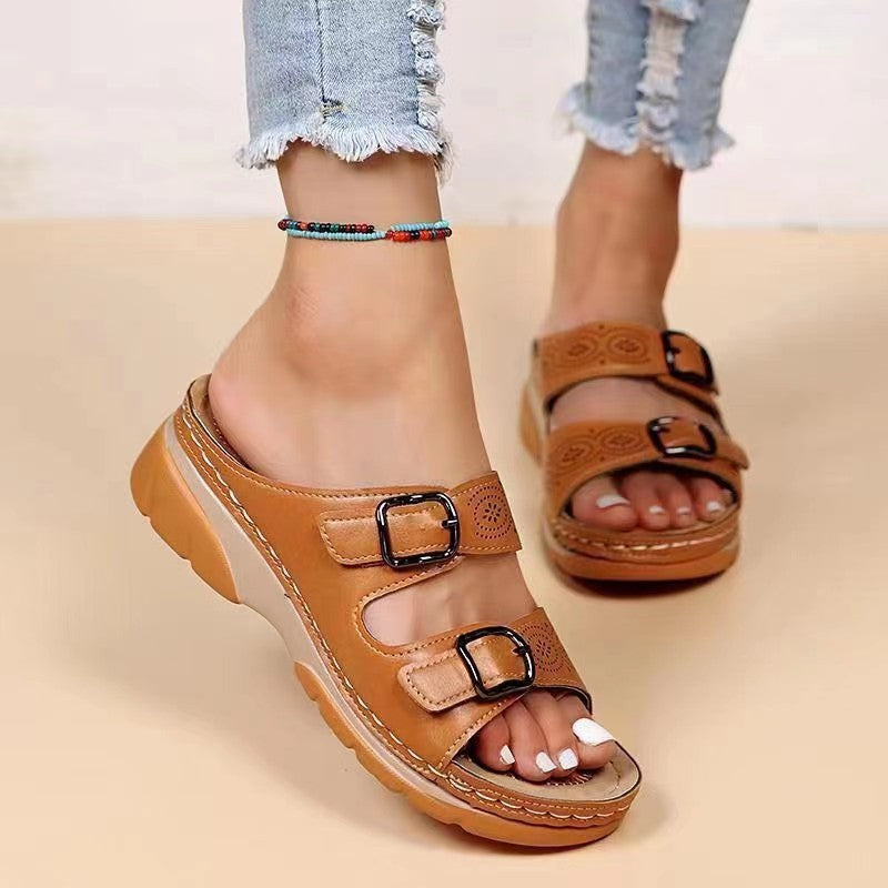 Womens Platform Thick Sole Slippers with Belt Buckle Round Toe