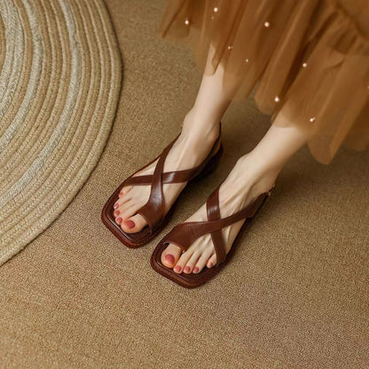 French Retro Thong Sandals Women Flat Square Toe