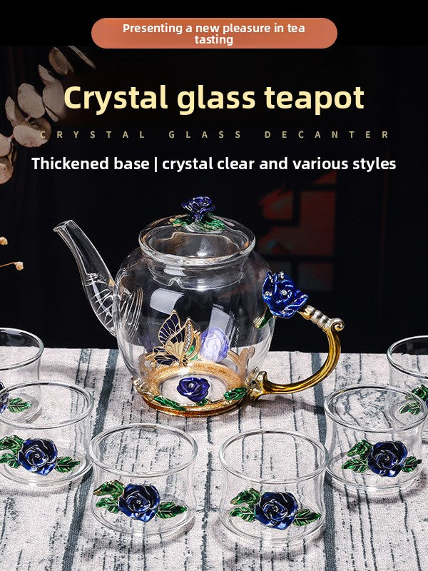 Exquisite Enamel Teapot, Crystal Glass Tea Cup