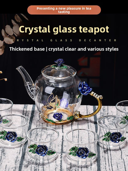Exquisite Enamel Teapot, Crystal Glass Tea Cup