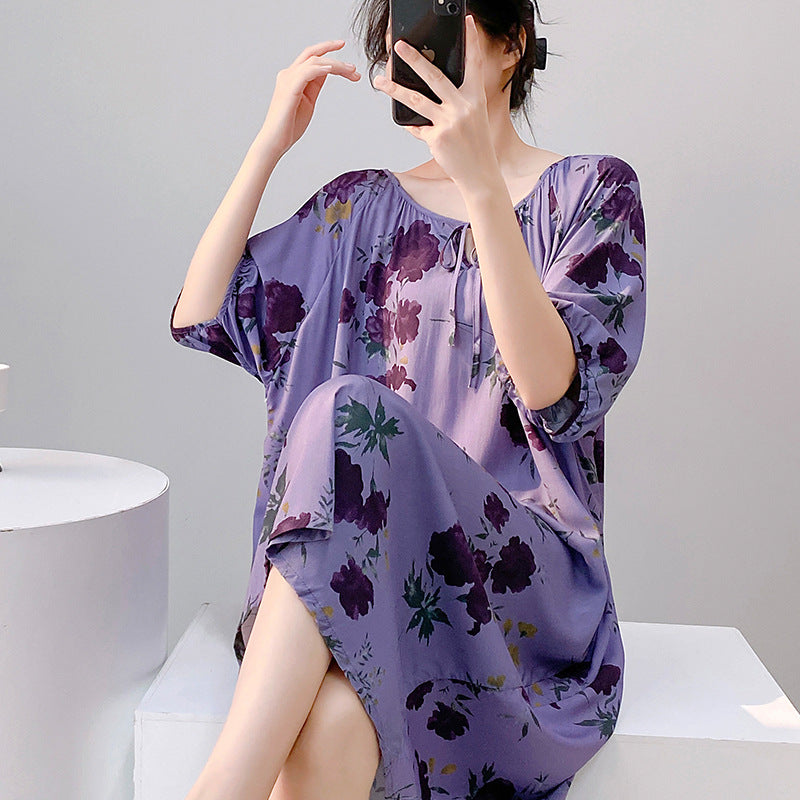 Mianchui Shijia 2026 Summer Thin Short-Sleeve Nightgown for Women, Loose Plus Size, Can Be Worn Outside, Home Wear, Artificial Cotton Dress
