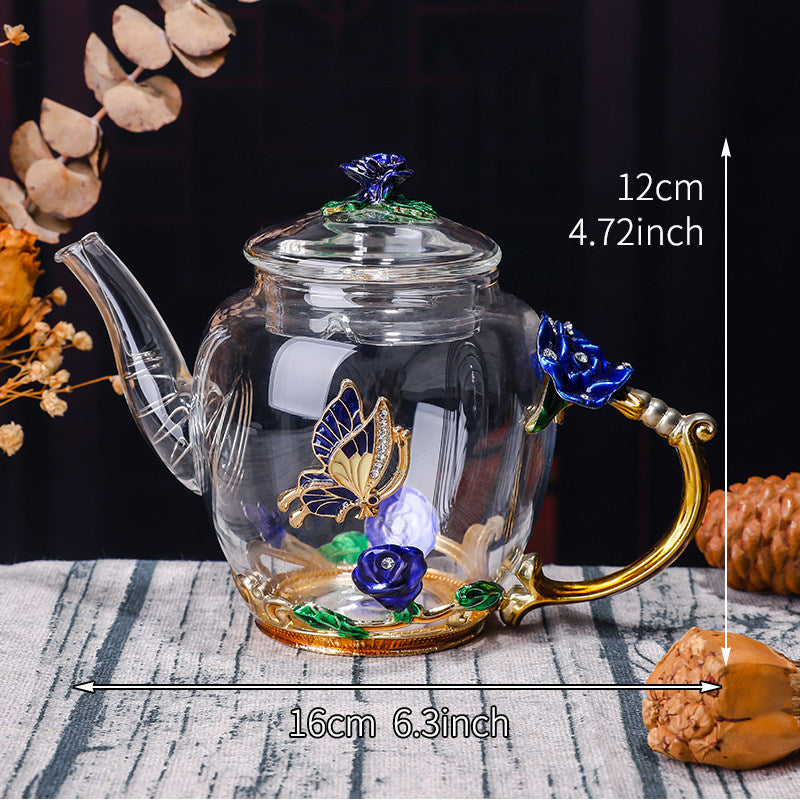 Exquisite Enamel Teapot, Crystal Glass Tea Cup