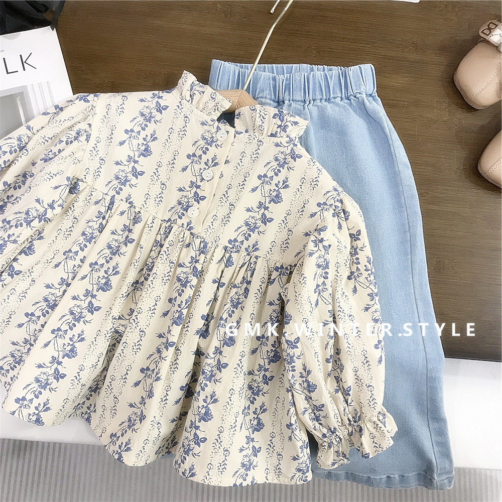 Girls Floral Shirt and Denim Flared Pants Set