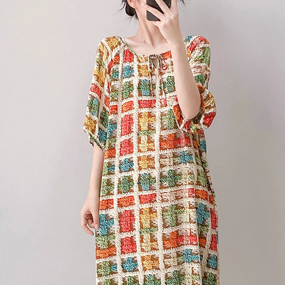 Mianchui Shijia 2026 Summer Thin Short-Sleeve Nightgown for Women, Loose Plus Size, Can Be Worn Outside, Home Wear, Artificial Cotton Dress