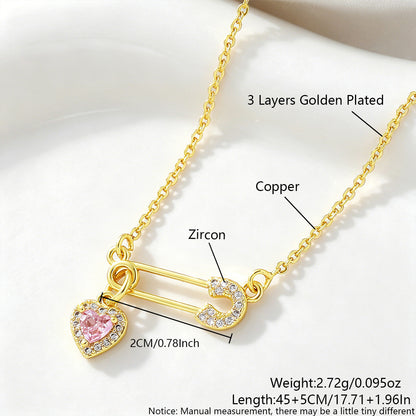 Copper-Inlaid Zircon Heart Pendant Necklace, Heart-Shaped Clavicle Chain