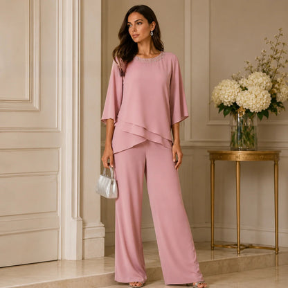 Women Solid Color Chiffon Evening Dress Set