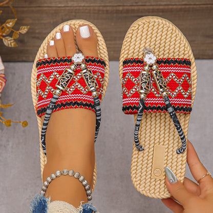 New Summer Fashion Fairy-Style Wedge Flip-Flops for Women, Straw Flower Thick-Soled Casual Pastoral Vacation Beach Shoes