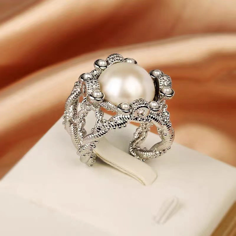 Retro Pearl Zircon Geometric Ring for Women