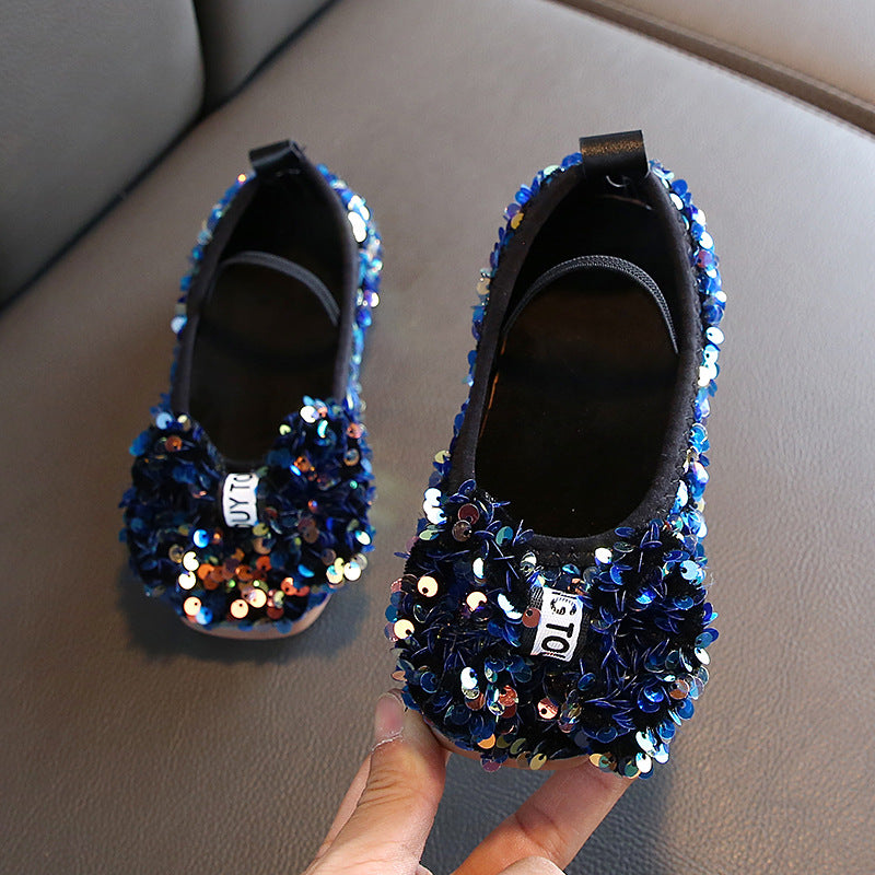 Girls Bow Sequins Soft Sole Leather Shoes