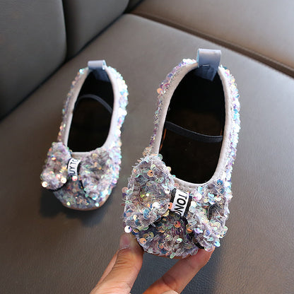 Girls Bow Sequins Soft Sole Leather Shoes