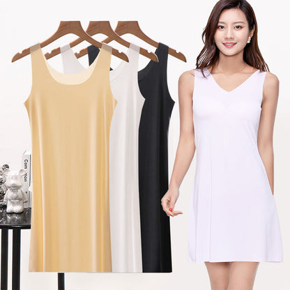 Women Ice Silk Seamless Vest Dress Ultra-thin Loose Slip Nightgown