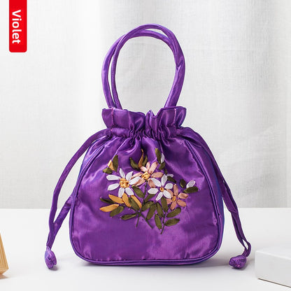 Hand-Embroidered Floral Drawstring Clutch Bag