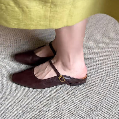 French Genuine Leather Flat Sandals