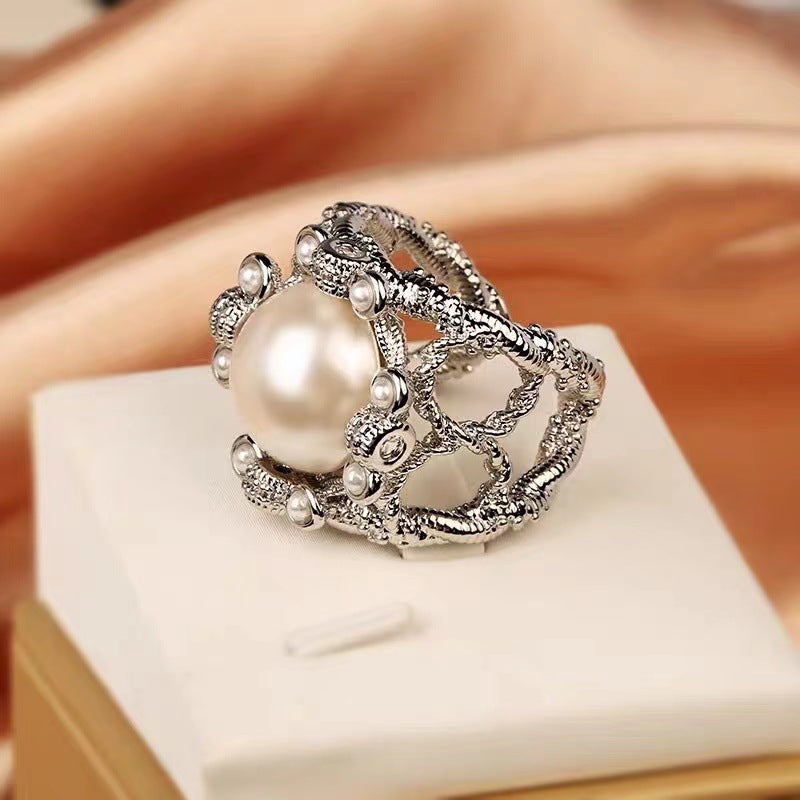Retro Pearl Zircon Geometric Ring for Women