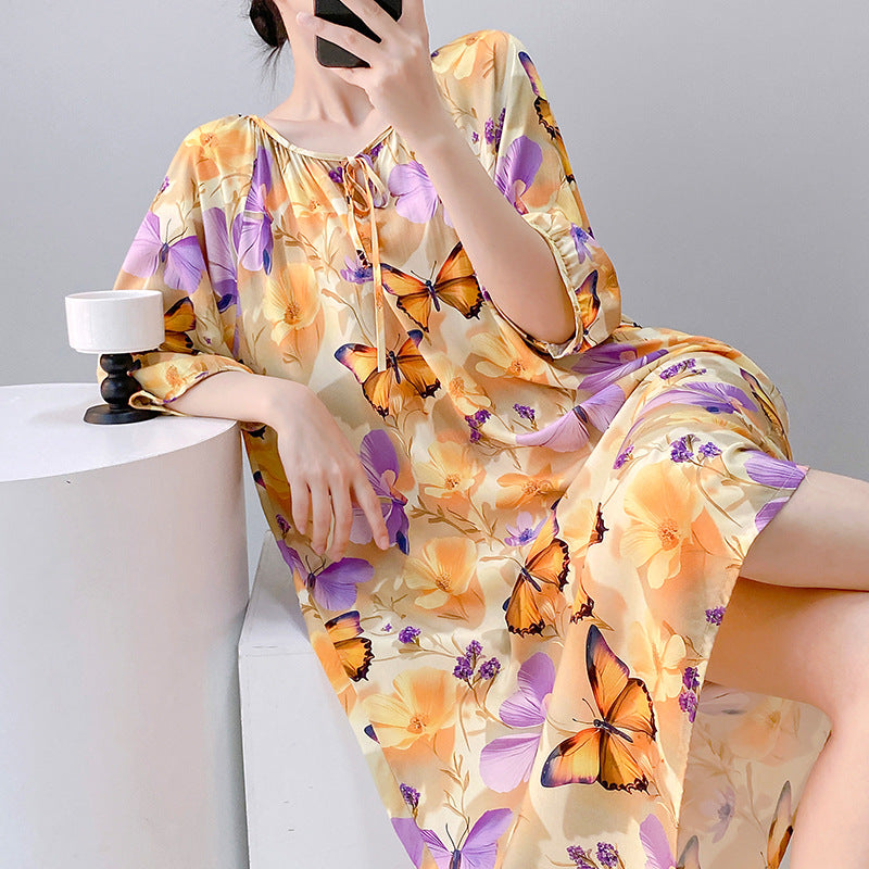 Mianchui Shijia 2026 Summer Thin Short-Sleeve Nightgown for Women, Loose Plus Size, Can Be Worn Outside, Home Wear, Artificial Cotton Dress