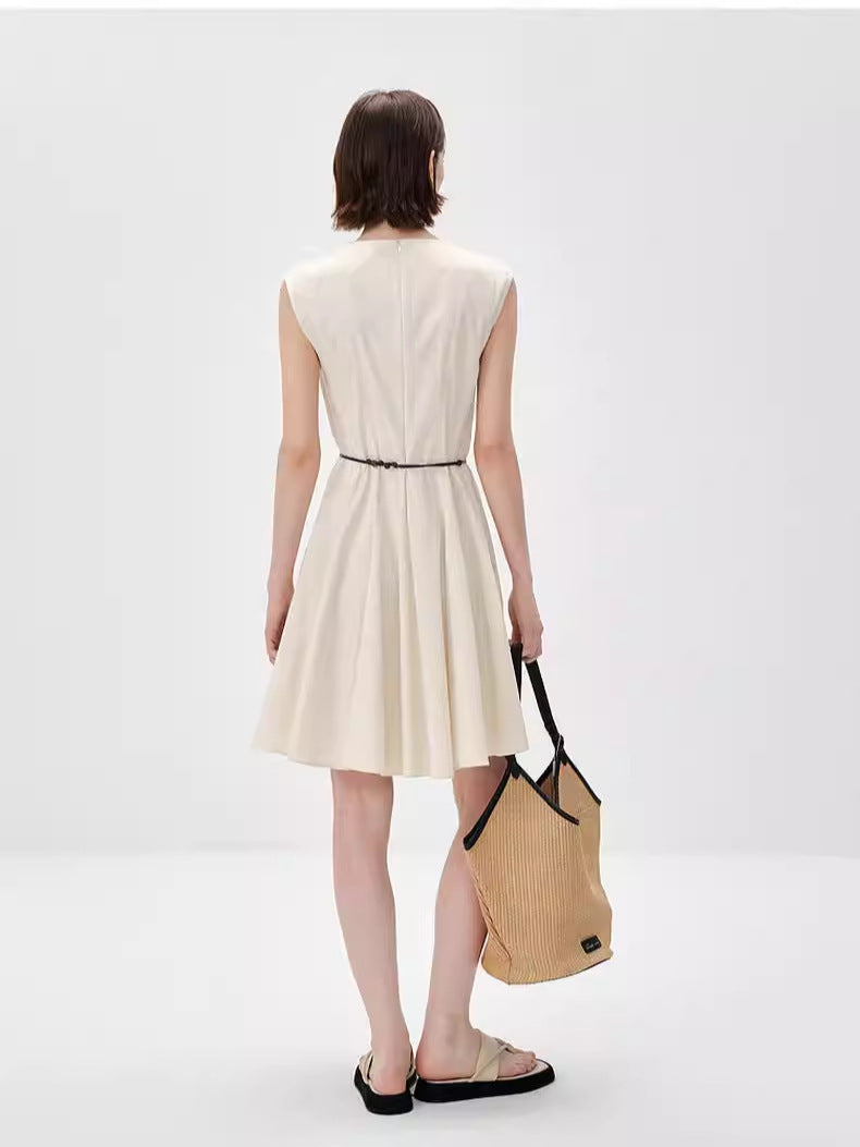 French Style Waist Cinching Round Neck Dress